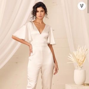 Lulus Forever Awaits White Satin Flutter Sleeve Jumpsuit